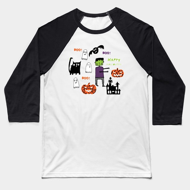 Halloween Frankenstein and friends Baseball T-Shirt by bruxamagica